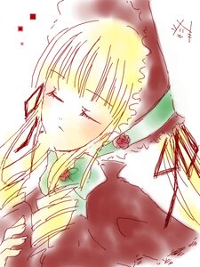 Rating: Safe Score: 0 Tags: 1girl blonde_hair blush bonnet closed_eyes dress flower image long_hair long_sleeves rose shinku signature simple_background solo suigintou upper_body white_background User: admin