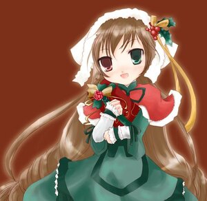 Rating: Safe Score: 0 Tags: 1girl :d brown_hair capelet christmas dress drill_hair frills green_dress green_eyes hat heterochromia holding image long_hair long_sleeves looking_at_viewer open_mouth red_eyes santa_hat simple_background smile solo standing suiseiseki twin_drills very_long_hair User: admin