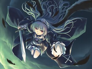 Rating: Safe Score: 0 Tags: 1girl black_wings commentary_request dress feathers floating_hair flower flying frills hairband holding image long_hair long_sleeves moon night ranranloo red_eyes rose rozen_maiden silver_hair solo suigintou sword weapon wings User: admin
