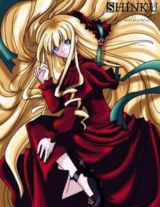Rating: Safe Score: 0 Tags: 1girl black_footwear blonde_hair blue_eyes bow dress flower image long_hair long_sleeves looking_at_viewer lying on_side red_capelet red_dress rose shinku shoes solo very_long_hair User: admin