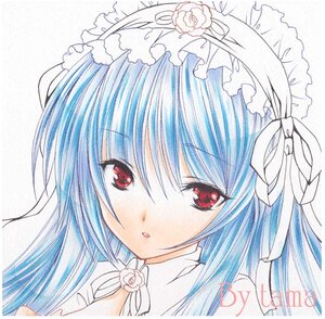 Rating: Safe Score: 0 Tags: 1girl bangs blue_hair eyebrows_visible_through_hair flower hair_flower hair_ornament image looking_at_viewer marker_(medium) pink_flower pink_rose portrait red_eyes red_rose ribbon rose simple_background solo suigintou traditional_media white_background white_flower white_rose User: admin