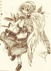 Rating: Safe Score: 0 Tags: 1girl angel_wings bag feathered_wings feathers hat image long_hair long_sleeves looking_at_viewer monochrome open_mouth skirt smile solo suigintou traditional_media wings User: admin