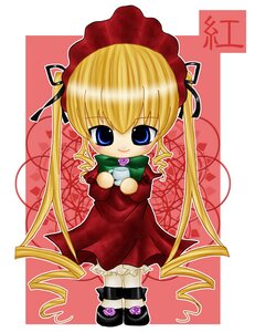 Rating: Safe Score: 0 Tags: 1girl blonde_hair blue_eyes bonnet bow bowtie chibi dress full_body green_bow image long_hair long_sleeves looking_at_viewer red_dress shinku solo standing twintails User: admin