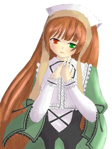 Rating: Safe Score: 0 Tags: 1girl bangs blush brown_hair dress frills green_dress green_eyes heterochromia image long_hair long_sleeves looking_at_viewer red_eyes simple_background solo suiseiseki very_long_hair white_background User: admin