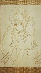 Rating: Safe Score: 0 Tags: 1girl dress eyebrows_visible_through_hair frills hairband image long_hair looking_at_viewer monochrome photo shinku simple_background sketch solo traditional_media very_long_hair User: admin