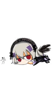 Rating: Safe Score: 0 Tags: 1girl black_wings chibi dress flower food frills hairband image long_hair long_sleeves rose silver_hair simple_background solo suigintou white_background wings User: admin