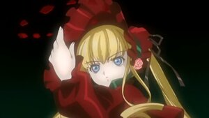 Rating: Safe Score: 0 Tags: 1girl blonde_hair blue_eyes bonnet bow bowtie dress flower image long_hair long_sleeves looking_at_viewer red_dress rose shinku simple_background solo twintails upper_body User: admin