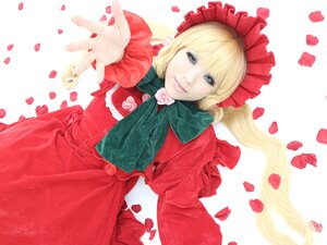 Rating: Safe Score: 0 Tags: 1girl blonde_hair blue_eyes bonnet bow dress flower long_hair petals red_dress rose rose_petals shinku solo striped striped_background vertical_stripes User: admin