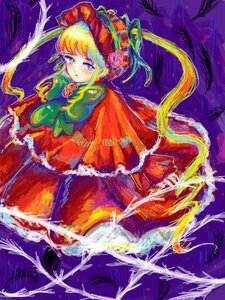 Rating: Safe Score: 0 Tags: 1girl blonde_hair blue_eyes bonnet dress flower frills image long_hair long_sleeves looking_at_viewer purple_background purple_sky red_dress rose shinku solo standing twintails User: admin