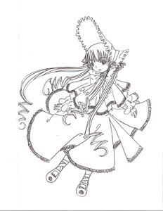 Rating: Safe Score: 0 Tags: 1girl dress full_body greyscale hat image lineart long_hair long_sleeves looking_at_viewer monochrome shinku shoes sidelocks simple_background solo standing white_background User: admin
