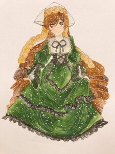 Rating: Safe Score: 0 Tags: 1girl blush brown_hair dress frills green_dress green_eyes head_scarf image long_hair long_sleeves looking_at_viewer smile solo suiseiseki very_long_hair User: admin