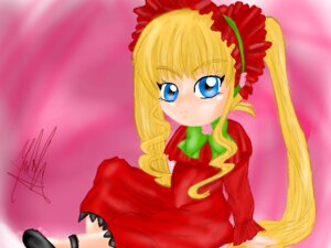 Rating: Safe Score: 0 Tags: 1girl bangs blonde_hair blue_eyes bonnet bow bowtie dress flower green_bow image long_hair long_sleeves looking_at_viewer pink_background red_dress rose shinku sidelocks signature sitting solo User: admin