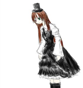 Rating: Safe Score: 0 Tags: 1girl black_legwear dress green_eyes hat image long_hair long_sleeves looking_at_viewer simple_background solo standing suiseiseki top_hat white_background User: admin