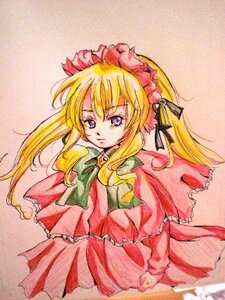 Rating: Safe Score: 0 Tags: 1girl blonde_hair bonnet bow dress frills green_neckwear image long_hair long_sleeves pink_background red_dress shinku solo traditional_media User: admin