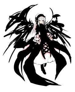 Rating: Safe Score: 0 Tags: 1girl bangs black_footwear black_wings boots closed_mouth dress full_body hat image long_hair long_sleeves looking_at_viewer monochrome red_eyes solo suigintou white_background white_hair wings User: admin