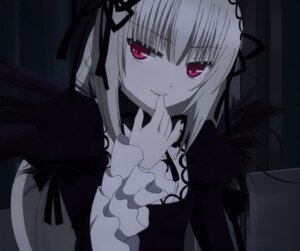 Rating: Safe Score: 0 Tags: 1girl bangs black_ribbon black_wings dress eyebrows_visible_through_hair finger_to_mouth frills hairband head_tilt image long_hair long_sleeves looking_at_viewer red_eyes ribbon rose smile solo suigintou upper_body wings User: admin
