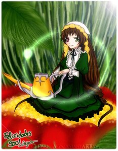 Rating: Safe Score: 0 Tags: 1girl brown_hair dress frills green_dress green_eyes heterochromia image long_hair long_sleeves looking_at_viewer red_eyes ribbon smile solo suiseiseki very_long_hair watering_can User: admin