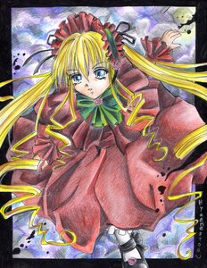 Rating: Safe Score: 0 Tags: 1girl blonde_hair blue_eyes bonnet bow bowtie dress flower frills green_bow green_neckwear image long_hair long_sleeves looking_at_viewer marker_(medium) pink_rose red_dress rose shinku solo traditional_media twintails very_long_hair User: admin