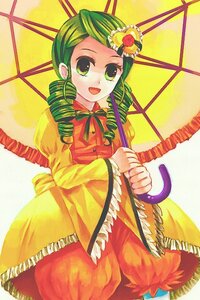 Rating: Safe Score: 0 Tags: 1girl dress drill_hair flower frills green_eyes green_hair hair_ornament image kanaria long_sleeves looking_at_viewer open_mouth parasol smile solo twin_drills umbrella User: admin