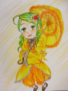 Rating: Safe Score: 0 Tags: 1girl bow colored_pencil_(medium) dress drill_hair flower frills full_body green_eyes green_hair hair_flower hair_ornament image kanaria long_hair open_mouth parasol solo traditional_media umbrella watercolor_(medium) User: admin