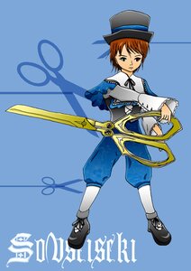 Rating: Safe Score: 0 Tags: 1boy blue_background brown_hair capelet character_name full_body hat holding image long_sleeves looking_at_viewer pants ribbon shoes simple_background solo souseiseki standing sword top_hat weapon white_legwear User: admin