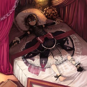 Rating: Safe Score: 0 Tags: 1girl barefoot bed blue_eyes bow brown_hair curtains detached_sleeves dress elbow_gloves frills full_body gothic_lolita image lolita_fashion looking_at_viewer lying on_back pillow short_hair solo suigintou User: admin