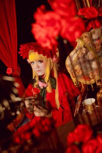 Rating: Safe Score: 0 Tags: 1girl blonde_hair blue_eyes blurry blurry_foreground bonnet curtains depth_of_field dress flower hat lips long_hair realistic red_dress red_flower red_rose rose shinku sitting solo teacup vase User: admin