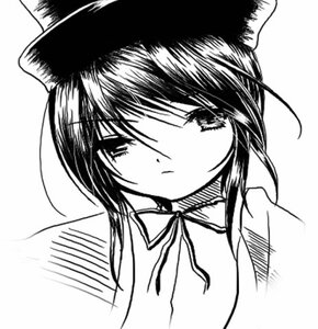 Rating: Safe Score: 0 Tags: 1girl bangs closed_mouth greyscale hat image looking_at_viewer monochrome neck_ribbon portrait ribbon simple_background solo souseiseki upper_body white_background User: admin