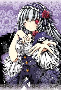 Rating: Safe Score: 0 Tags: 1girl blush dress flower frills gothic_lolita hairband image lolita_fashion lolita_hairband long_hair one_eye_closed outstretched_hand red_eyes rose silver_hair smile solo suigintou wings User: admin