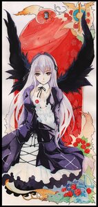 Rating: Safe Score: 0 Tags: 1girl black_wings dress flower frills hairband image letterboxed long_hair long_sleeves looking_at_viewer red_eyes rose silver_hair solo suigintou wings User: admin