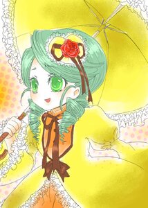 Rating: Safe Score: 0 Tags: 1girl black_umbrella blush dress drill_hair flower frills green_eyes green_hair holding holding_umbrella image kanaria long_sleeves open_mouth parasol rose smile solo twin_drills umbrella yellow_dress User: admin