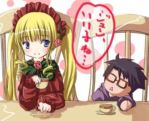 Rating: Safe Score: 0 Tags: 1boy 1girl black_hair blonde_hair blue_eyes bonnet bow closed_eyes cup food glasses image long_hair long_sleeves rose saucer shinku solo table tea teacup twintails User: admin