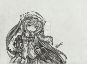 Rating: Safe Score: 0 Tags: 1girl artist_name dress graphite_(medium) greyscale hat image long_hair long_sleeves looking_at_viewer monochrome signature solo suiseiseki traditional_media very_long_hair User: admin