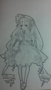 Rating: Safe Score: 0 Tags: 1girl dress full_body greyscale image long_hair long_sleeves monochrome patchouli_knowledge photo shinku shoes solo traditional_media User: admin