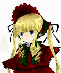 Rating: Safe Score: 0 Tags: 1girl bangs blonde_hair blue_eyes blush bonnet bow bowtie capelet dress drill_hair flower green_bow image long_hair long_sleeves looking_at_viewer pink_rose red_capelet rose shinku sidelocks simple_background solo twin_drills twintails upper_body white_background User: admin