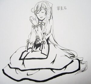 Rating: Safe Score: 0 Tags: 1girl closed_eyes dress image long_hair long_sleeves monochrome open_mouth sketch smile solo suiseiseki traditional_media very_long_hair User: admin