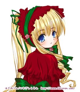 Rating: Safe Score: 0 Tags: 1girl blonde_hair blue_eyes blush bonnet bow bowtie capelet dress drill_hair flower green_bow image long_hair long_sleeves looking_at_viewer pink_flower pink_rose rose shinku simple_background solo twintails white_background User: admin