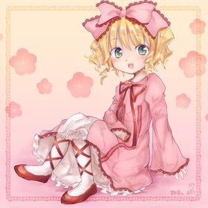 Rating: Safe Score: 0 Tags: 1girl blonde_hair bloomers blush bow dress frills full_body green_eyes hair_bow hina_ichigo hinaichigo image long_sleeves looking_at_viewer open_mouth pink_bow ribbon short_hair sitting smile solo User: admin