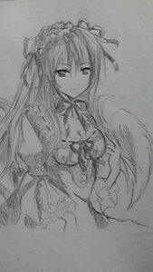 Rating: Safe Score: 0 Tags: 1girl auto_tagged breasts cleavage dress greyscale hairband image long_hair looking_at_viewer monochrome ribbon sketch smile solo suigintou traditional_media User: admin