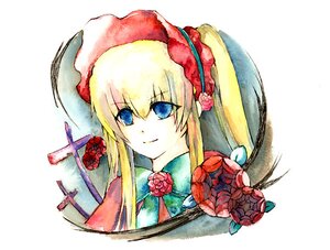 Rating: Safe Score: 0 Tags: 1girl blonde_hair blue_eyes bonnet flower image long_hair looking_at_viewer red_flower red_rose rose shinku simple_background smile solo striped upper_body white_background User: admin