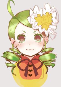Rating: Safe Score: 0 Tags: 1girl ahoge blush clover flower green_eyes green_hair grey_background image kanaria leaf looking_at_viewer neck_ribbon plant ribbon simple_background smile solo striped striped_background vertical_stripes vines white_flower User: admin