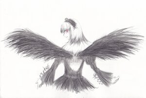 Rating: Safe Score: 0 Tags: 1girl black_wings dress feathered_wings feathers hairband image long_hair looking_at_viewer looking_back red_eyes simple_background smile solo suigintou white_background wings User: admin