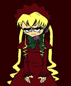 Rating: Safe Score: 0 Tags: 1girl blonde_hair blue_eyes bonnet bow bowtie dress flower green_bow green_neckwear image long_hair long_sleeves looking_at_viewer red_dress rose shinku simple_background solo User: admin