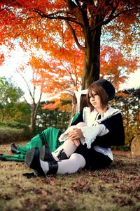 Rating: Safe Score: 0 Tags: 1girl autumn autumn_leaves brown_hair closed_eyes day falling_leaves hat leaf maple_leaf nature on_ground outdoors short_hair sitting solo souseiseki tree User: admin