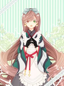 Rating: Safe Score: 0 Tags: 1girl apron black_gloves bow brown_hair cross earrings flower gloves green_eyes hair_bow heterochromia image japanese_clothes jewelry kimono long_hair long_sleeves looking_at_viewer red_eyes rose solo striped striped_background striped_bow suiseiseki vertical_stripes very_long_hair wide_sleeves User: admin