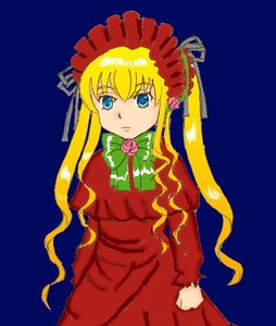 Rating: Safe Score: 0 Tags: 1girl blonde_hair blue_background blue_eyes bonnet bow bowtie cowboy_shot dress green_bow green_neckwear image long_hair long_sleeves looking_at_viewer red_dress shinku simple_background solo standing User: admin