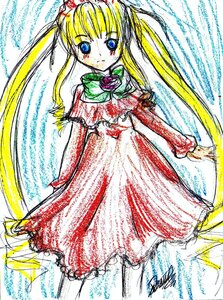 Rating: Safe Score: 0 Tags: 1girl blonde_hair blood blue_eyes bowtie cowboy_shot dress image long_hair long_sleeves looking_at_viewer shinku solo text_focus twintails very_long_hair User: admin