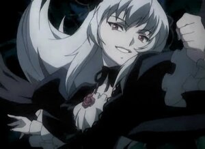 Rating: Safe Score: 0 Tags: 1girl dress flower grin image long_hair long_sleeves monochrome rose smile solo suigintou User: admin
