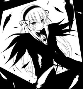 Rating: Safe Score: 0 Tags: 1girl bird black_feathers blush feathered_wings feathers greyscale hairband image lolita_hairband long_hair long_sleeves looking_at_viewer monochrome petals smile solo suigintou white_feathers wings User: admin