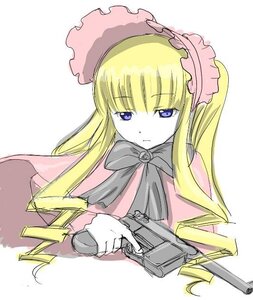 Rating: Safe Score: 0 Tags: 1girl bangs blonde_hair blue_eyes bonnet bow bowtie dress expressionless gun holding image long_hair looking_at_viewer shinku simple_background solo upper_body weapon white_background User: admin